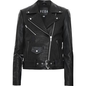 VEDA Black Leather Biker Jacket, Size M